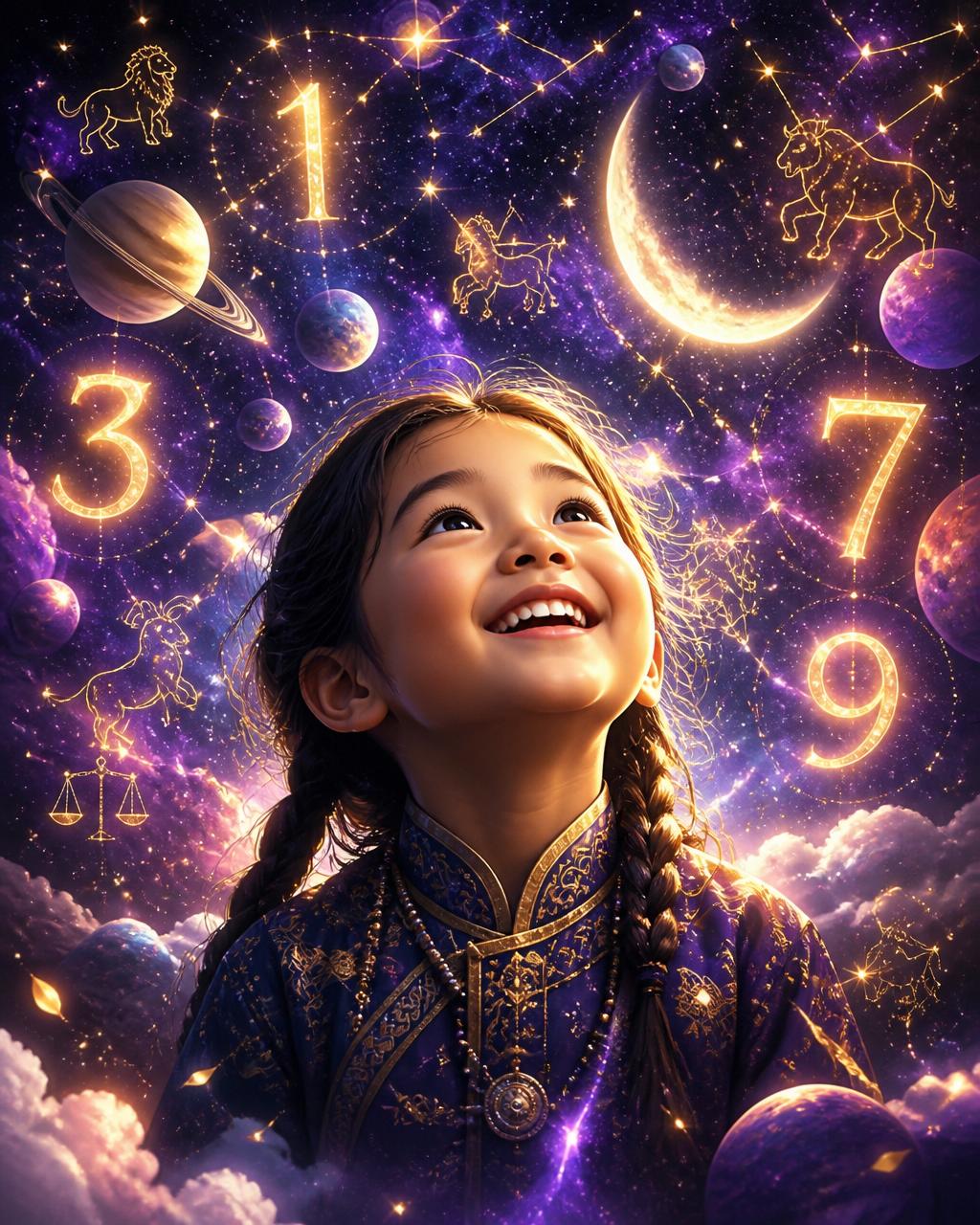 Cosmic Mongolian child surrounded by galaxy, planets and glowing lucky numbers